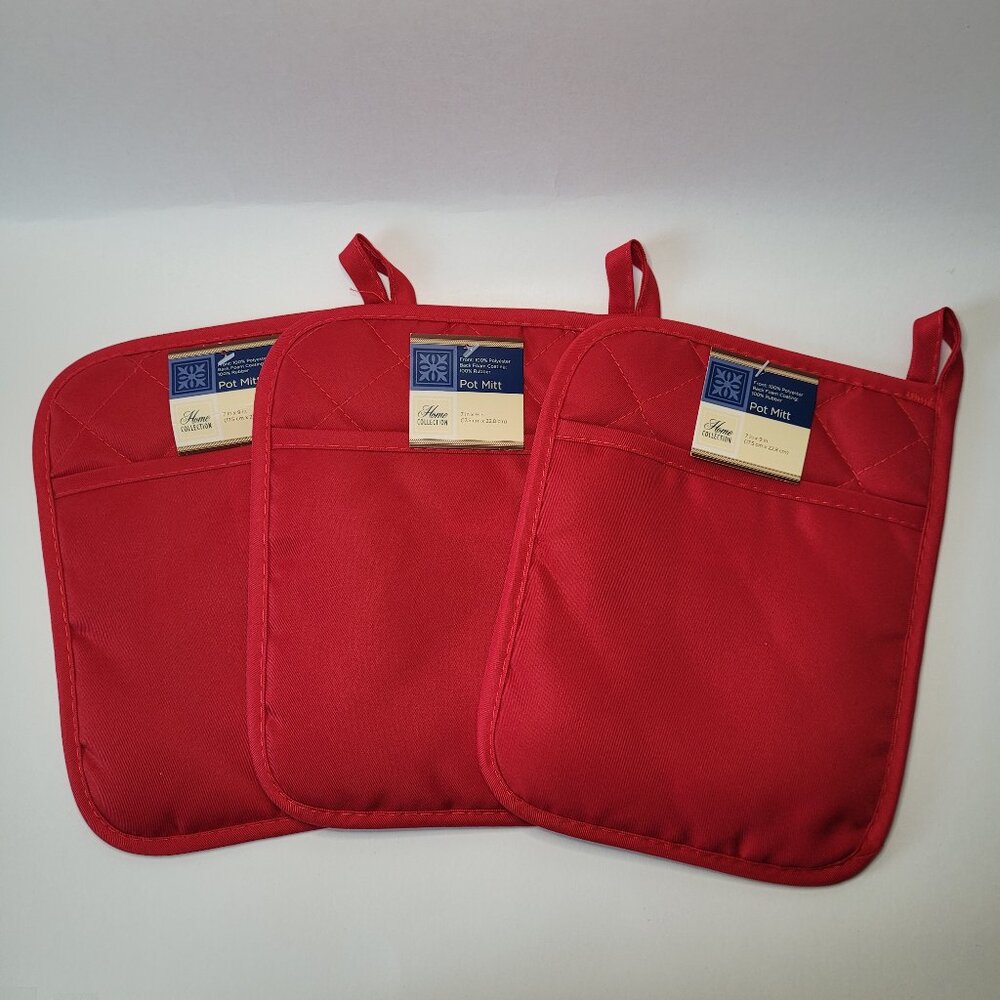 Home Collection Hot Pot Holder Mitts Red Set of 3 NEW 7inx9in Farmhouse Classic